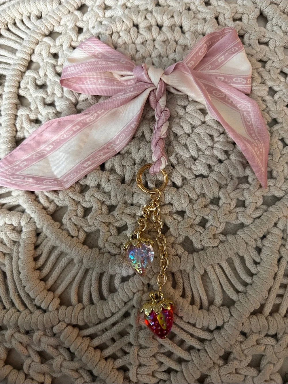 Pink and Cream Braided Bow Keychain with Strawberry Charms